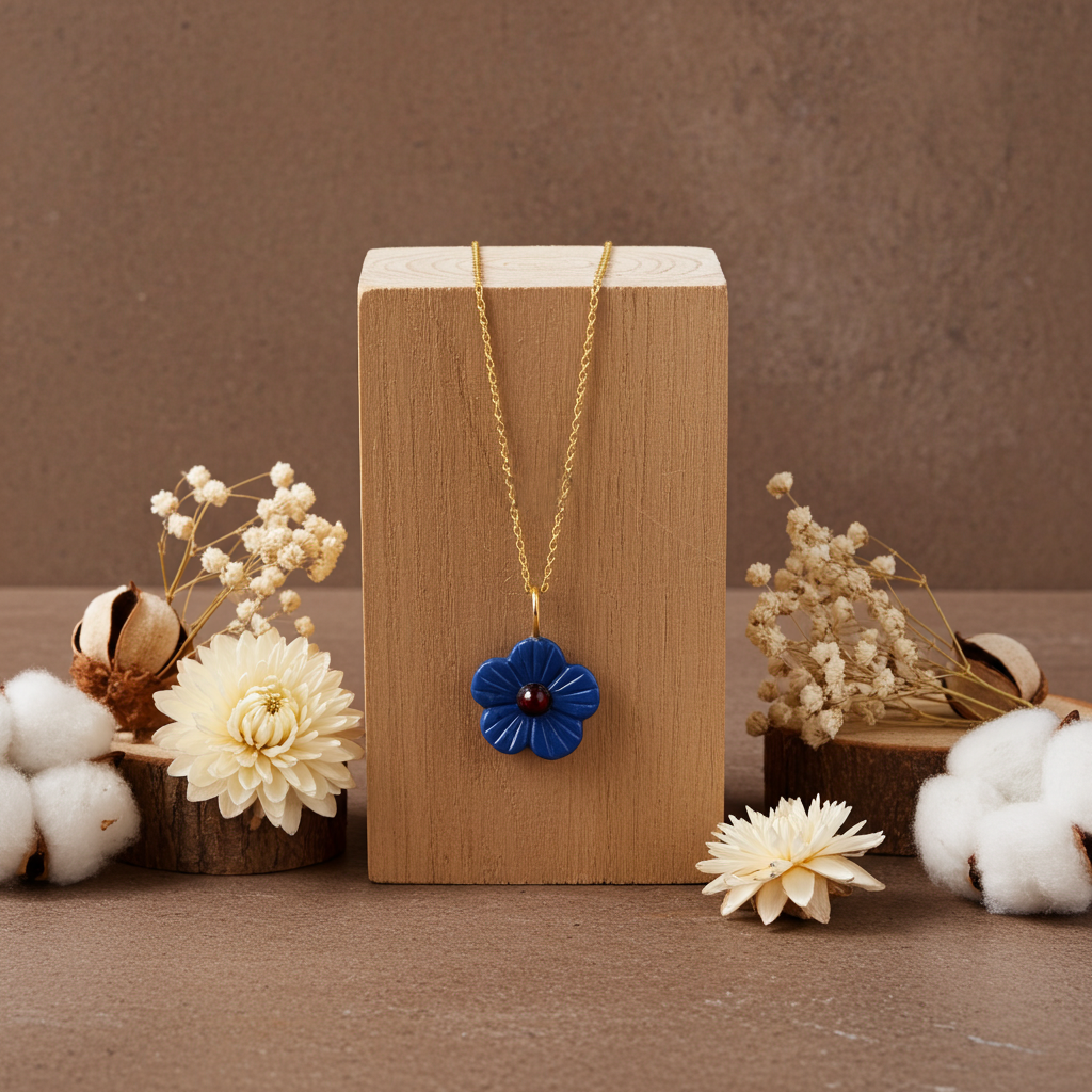 Carved Blue Onyx Flower Necklace