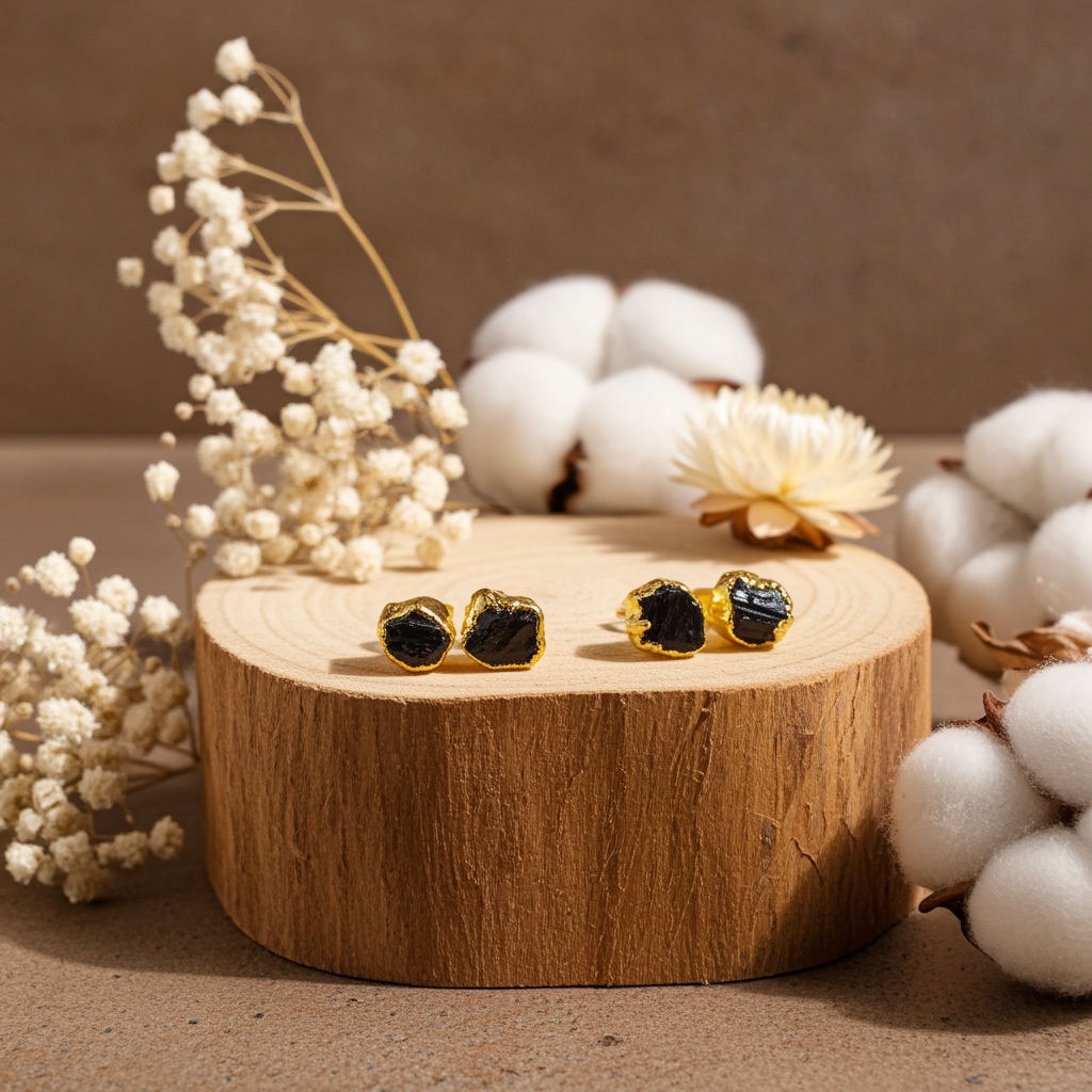 Raw Black Tourmaline Stud Earrings | Natural Crystal Protection Earrings