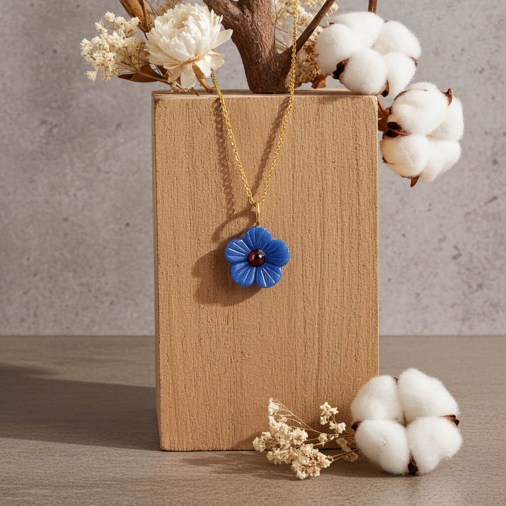 Carved Blue Onyx Flower Necklace