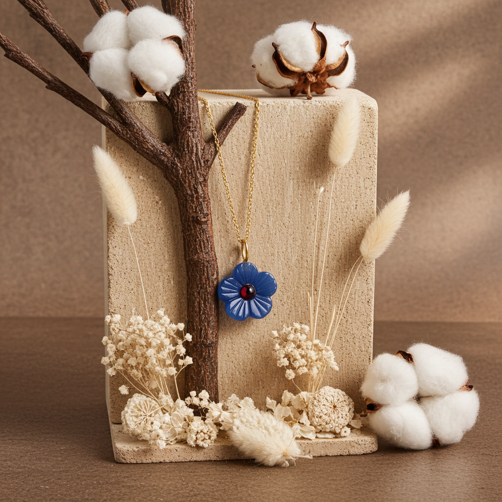 Carved Blue Onyx Flower Necklace