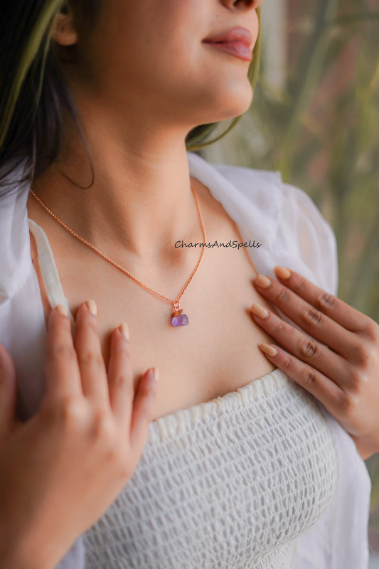 Raw Amethyst Necklace| Gold Plated Crystal Jewelry| Rough Amethyst Pendant Necklace