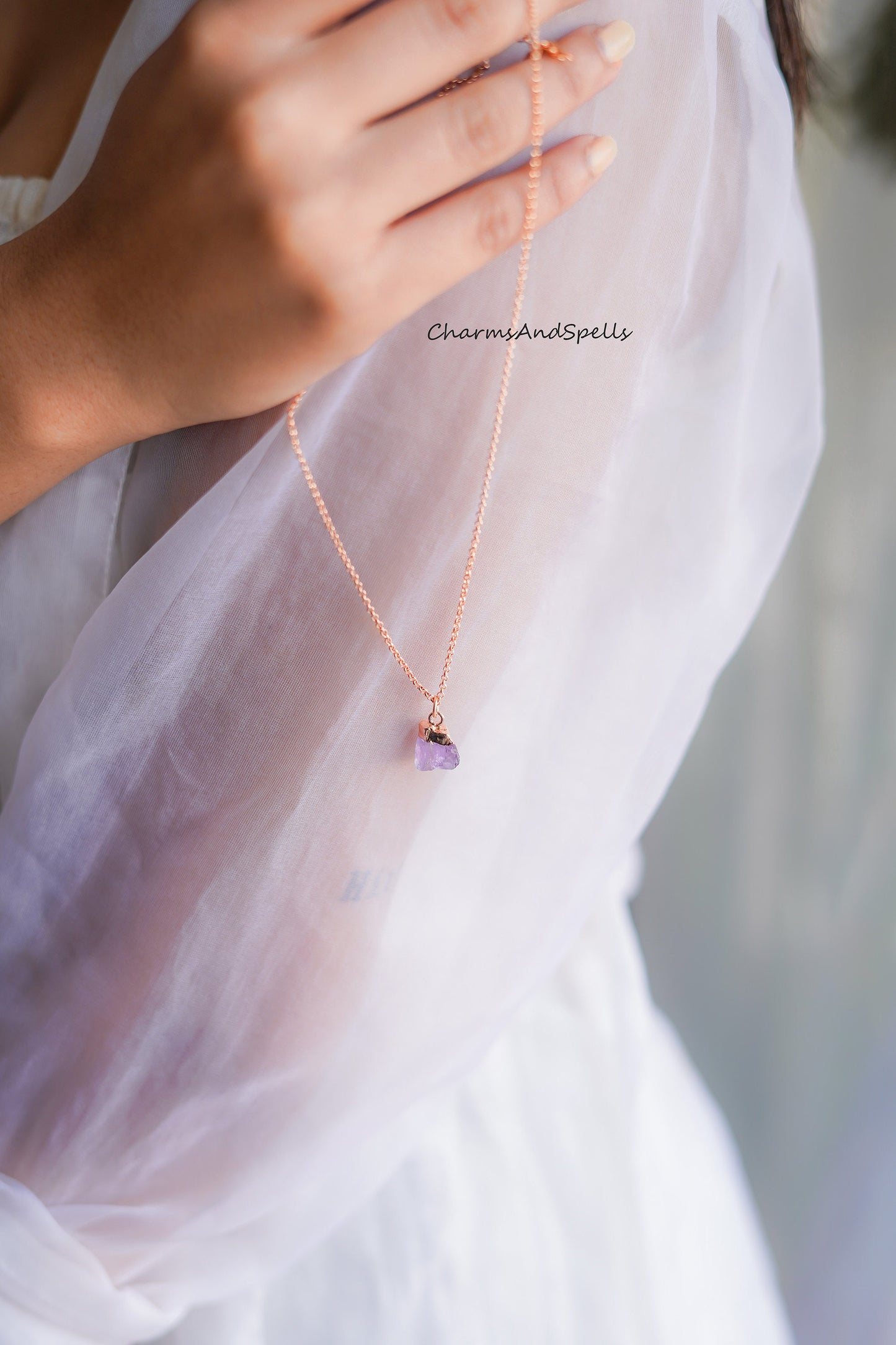 Raw Amethyst Gemstone Boho February Birthstone Necklace