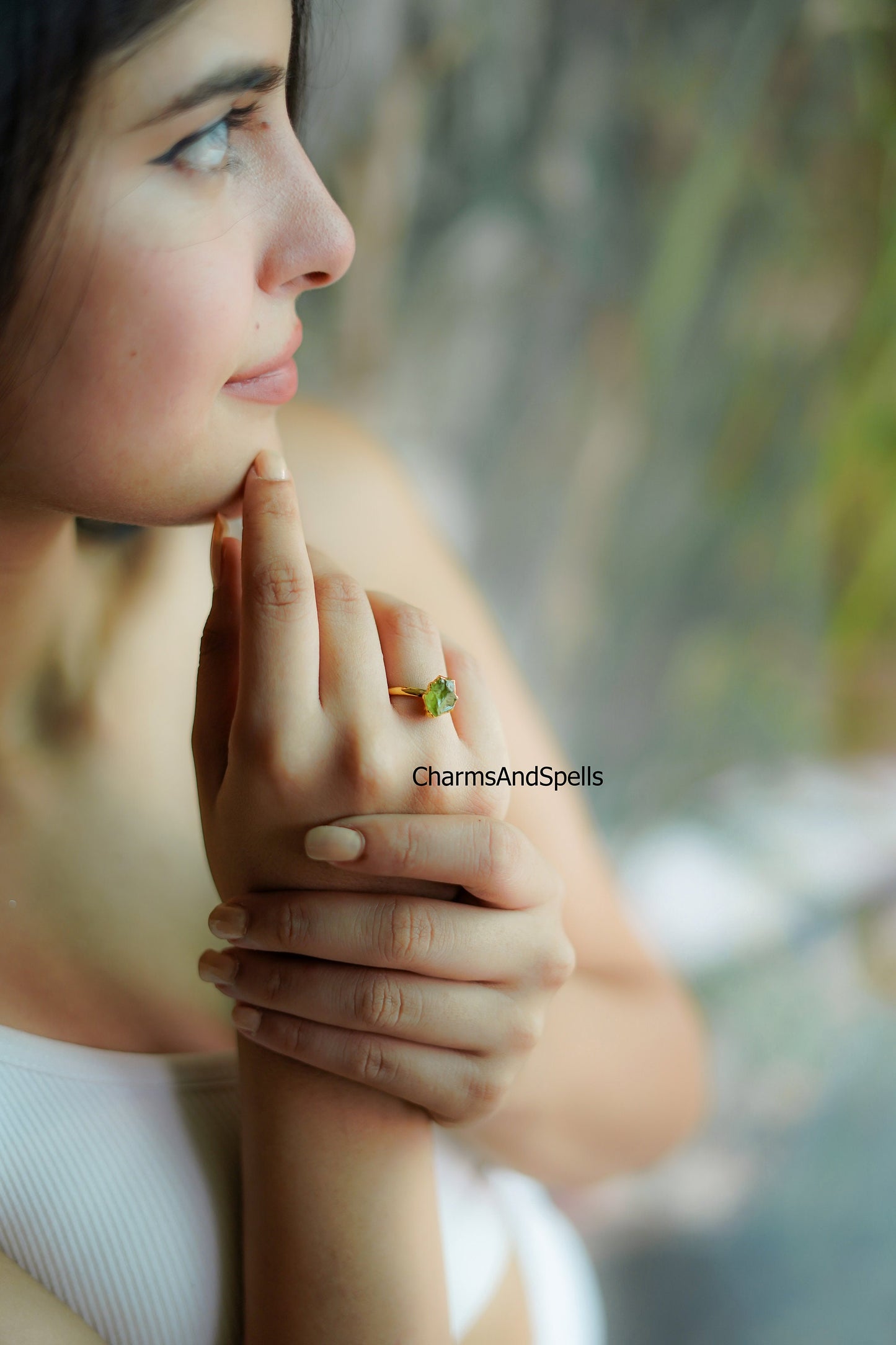 Peridot Crystal Ring | Rough Stone Wedding Jewelry | Boho Statement Ring