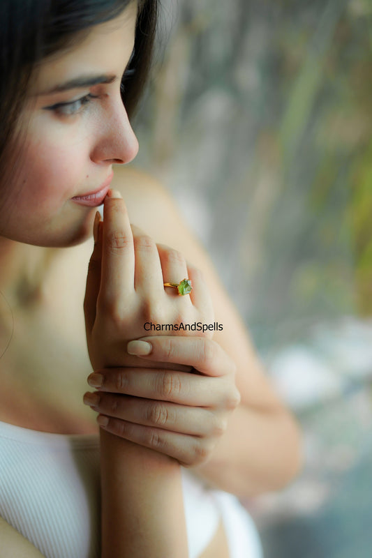 Peridot Crystal Ring | Rough Stone Wedding Jewelry | Boho Statement Ring