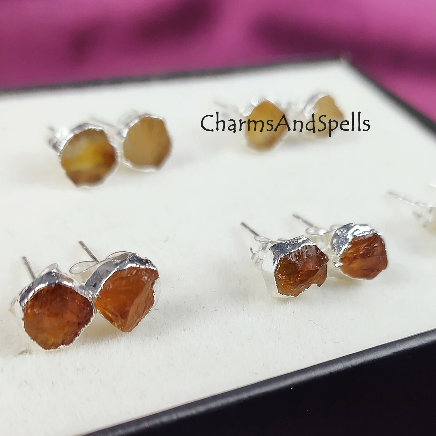 Natural Raw Yellow Citrine Gemstone Electroplated Earrings