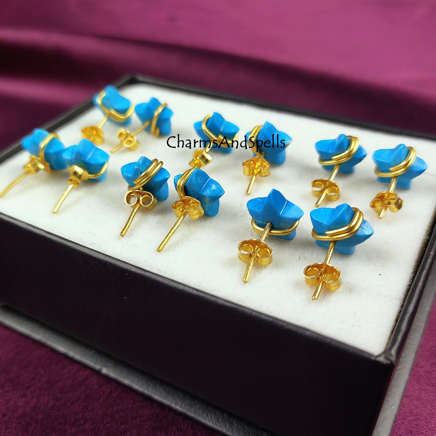 Howlite Turquoise Star Studs In Silver Wire Wrapping