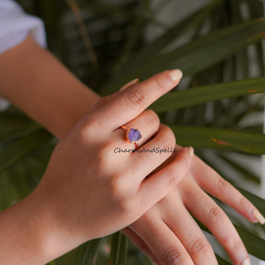 Rough Amethyst Ring| Crystal Adjustable Ring| Electroplated Boho Ring for Women