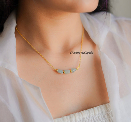 Natural Raw Aquamarine Electroplated Necklace, March Birthstone