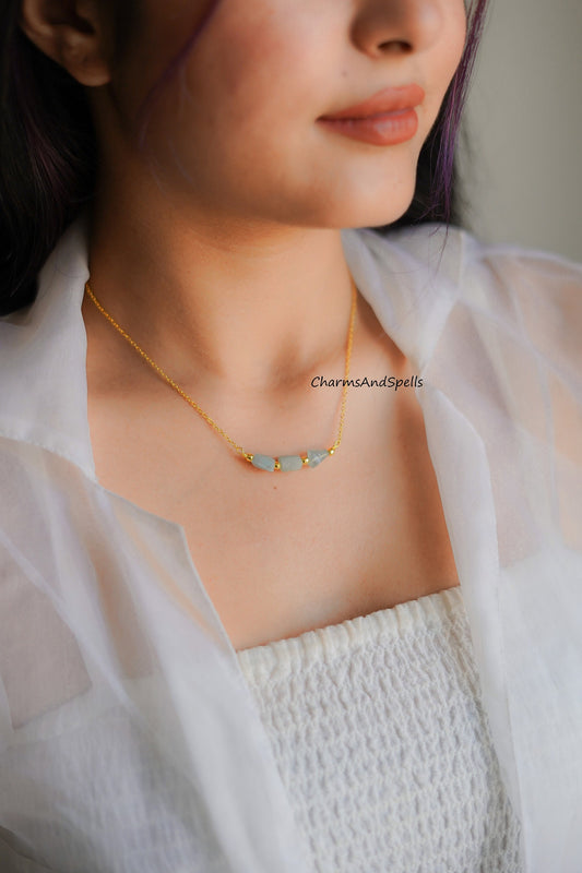 Natural Raw Aquamarine Electroplated Necklace, March Birthstone