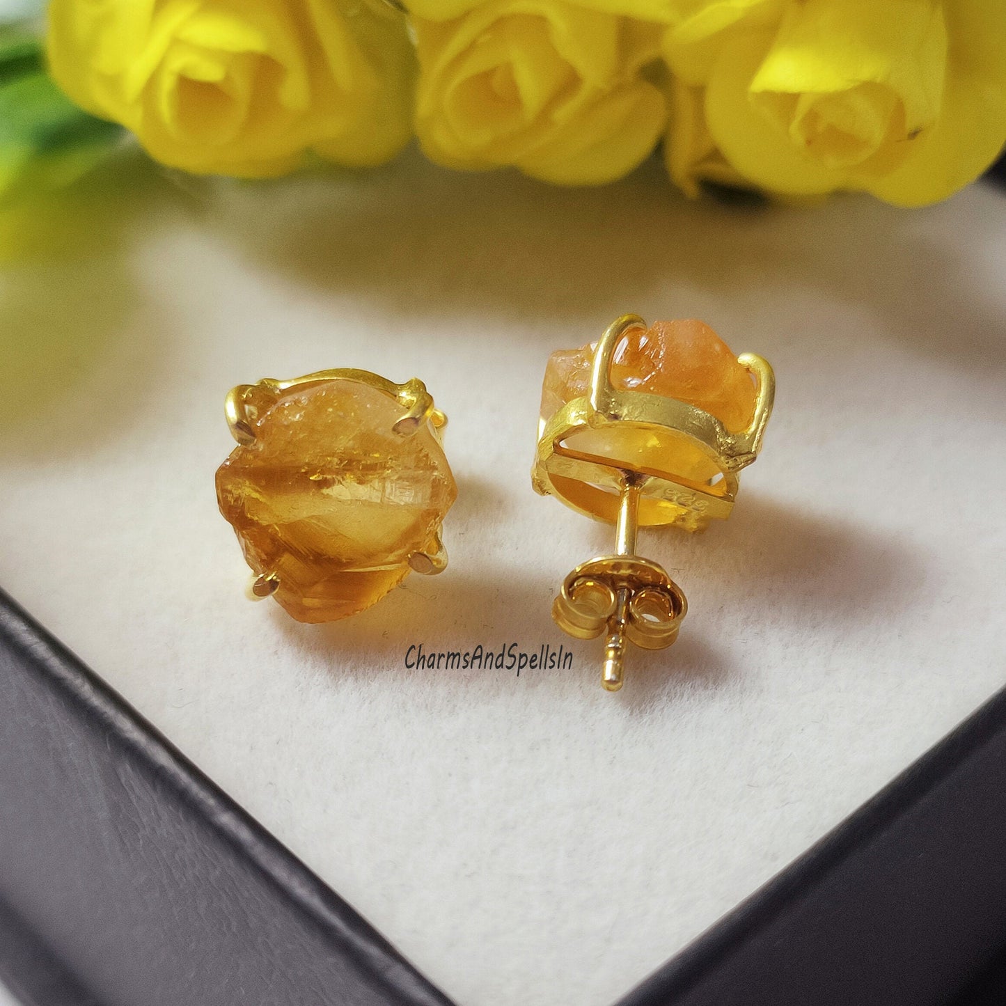 Amazing Rough Citrine Stud Earring in 925 Solid Silver