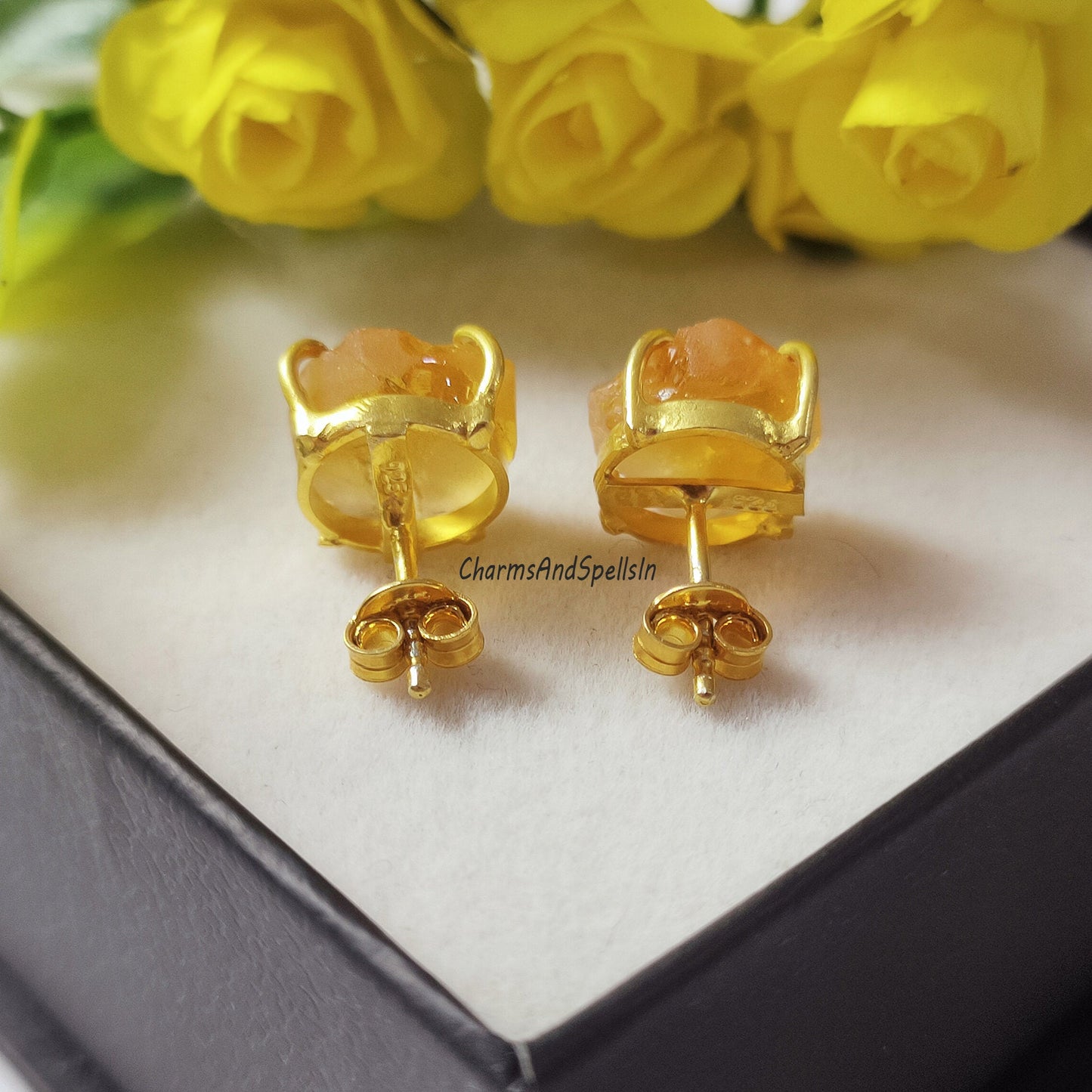 Amazing Rough Citrine Stud Earring in 925 Solid Silver