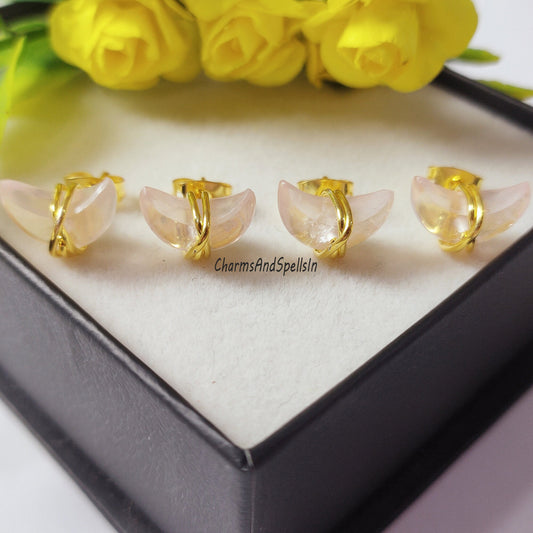 Tiny Rose Quartz Half Moon Stud Earrings In Sterling Silver