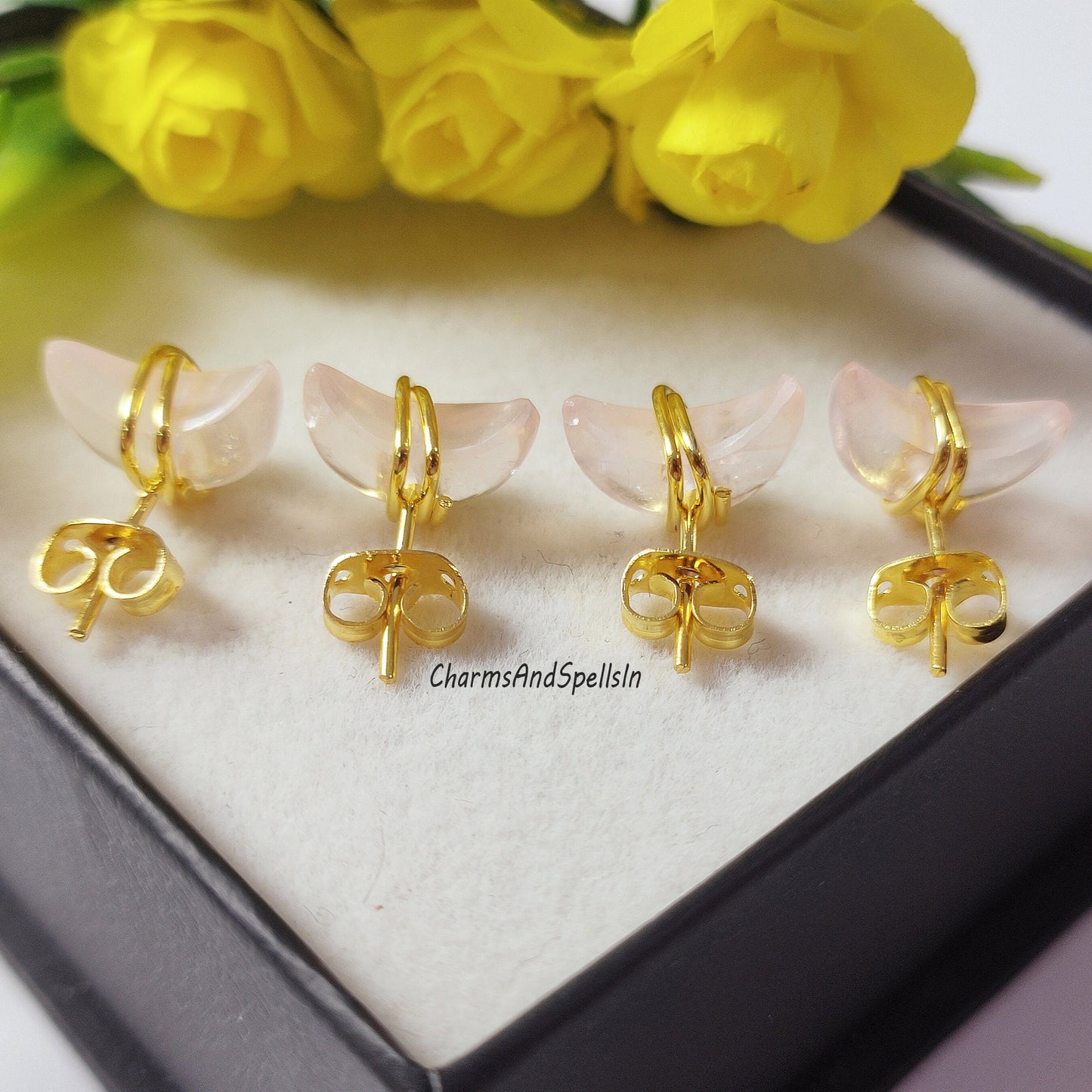 Tiny Rose Quartz Half Moon Stud Earrings In Sterling Silver