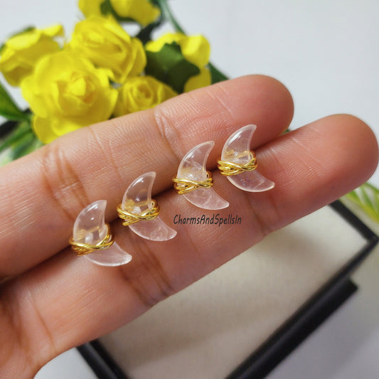 Tiny Rose Quartz Half Moon Stud Earrings In Sterling Silver