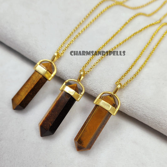Natural Tiger Eye Crystal Point Pencil Pendant Necklace