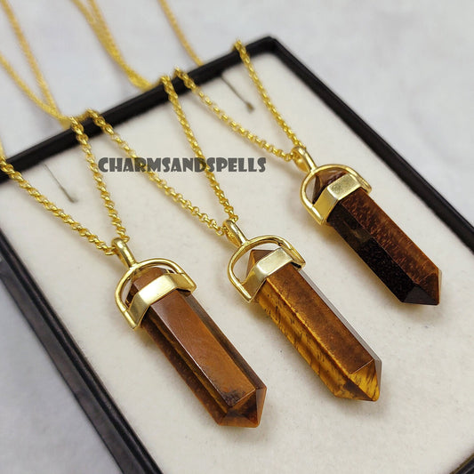 Natural Tiger Eye Crystal Point Pencil Pendant Necklace