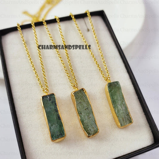Raw Green Kyanite Necklace | 18k Gold Plated Healing Stone | Jewelry Gift