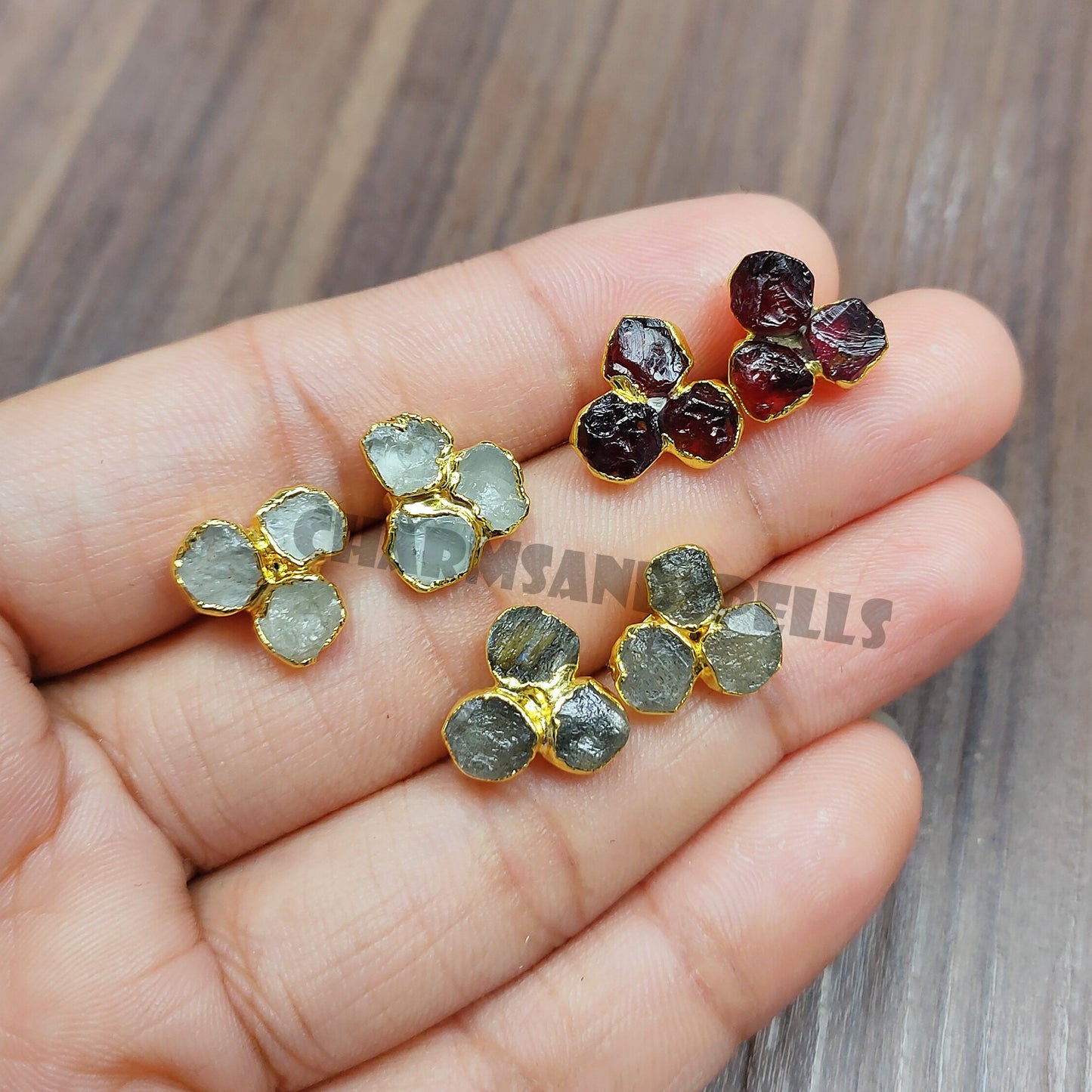 Raw Gemstone Stud Earrings Healing Crystal 3 Stone Studs