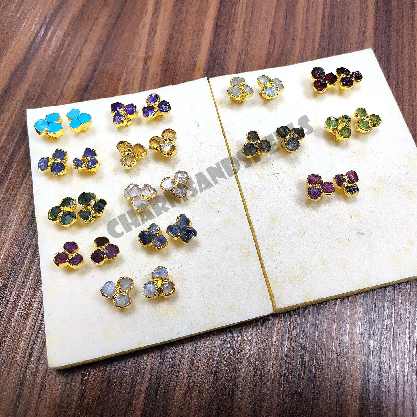 Raw Gemstone Stud Earrings Healing Crystal 3 Stone Studs
