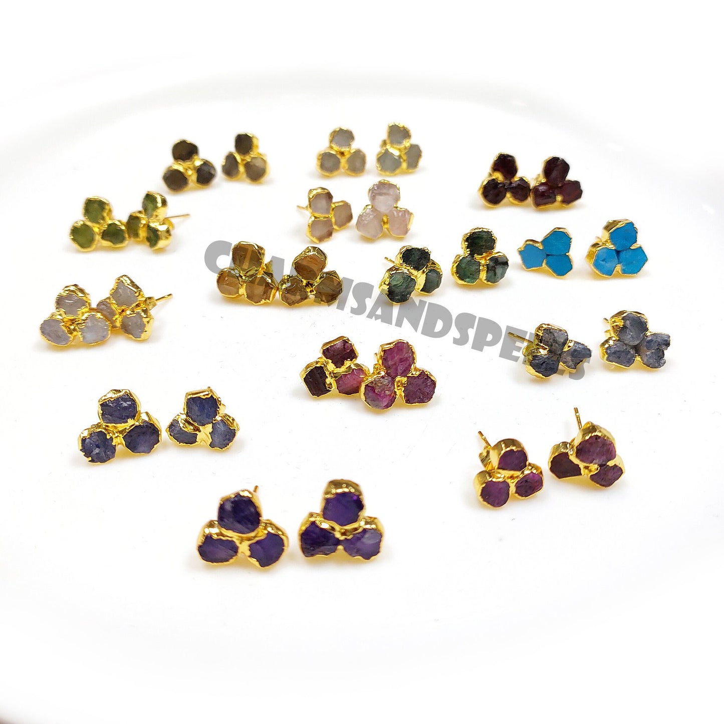 Raw Gemstone Stud Earrings Healing Crystal 3 Stone Studs