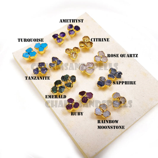 Raw Gemstone Stud Earrings Healing Crystal 3 Stone Studs