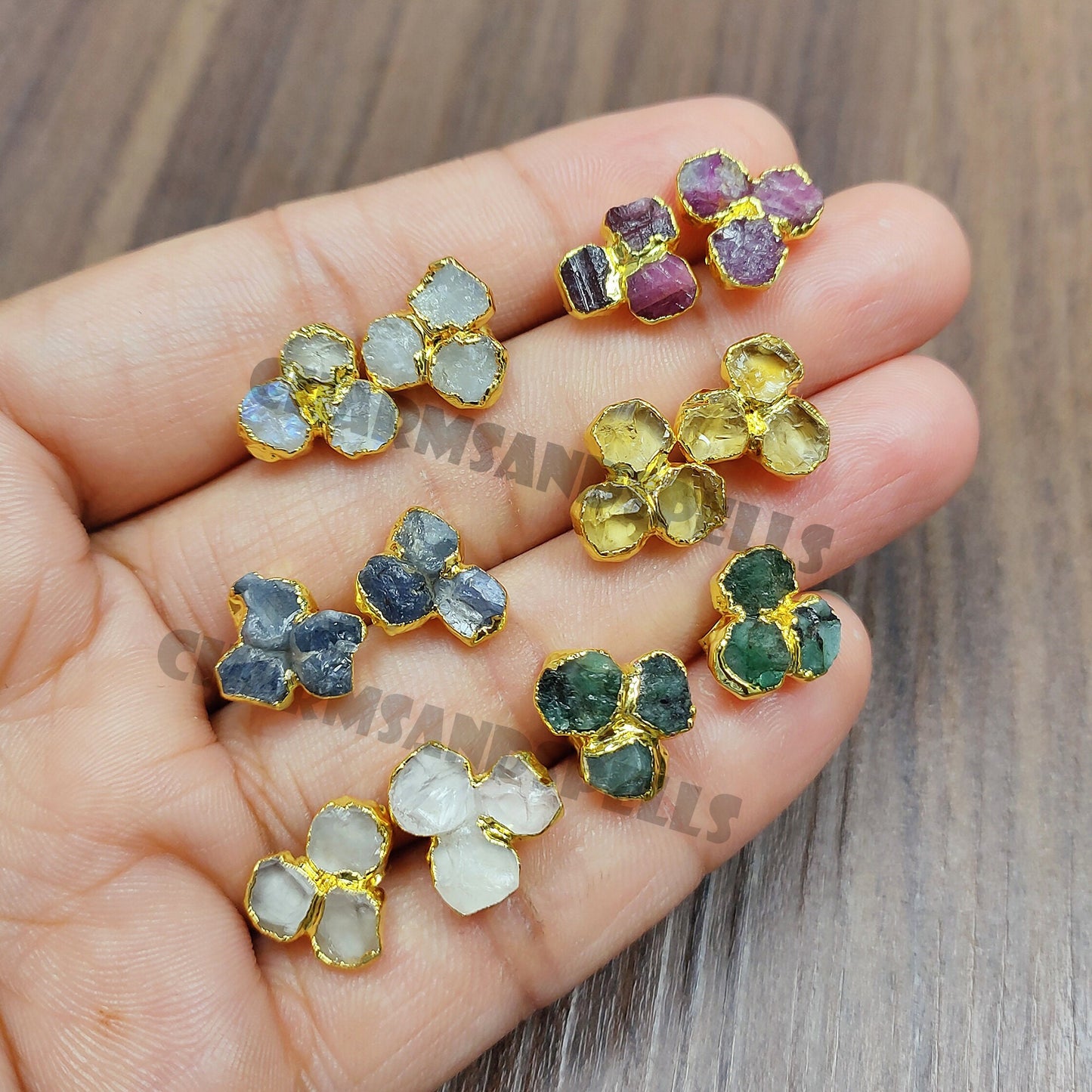 Raw Gemstone Stud Earrings Healing Crystal 3 Stone Studs