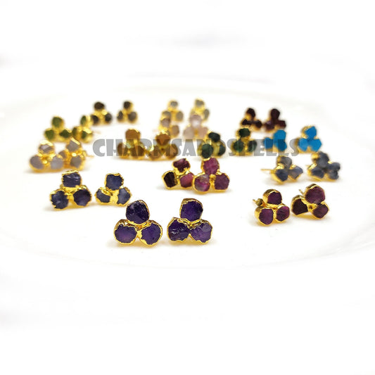 Raw Gemstone Stud Earrings Healing Crystal 3 Stone Studs