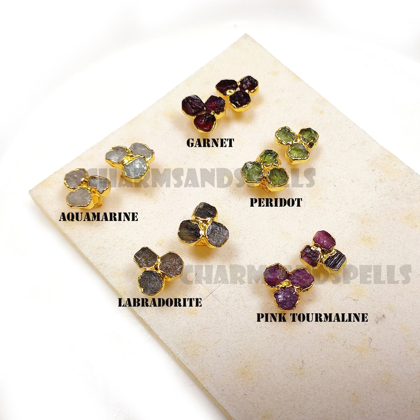 Natural Raw Emerald Three Stud Earrings, May Birthstone