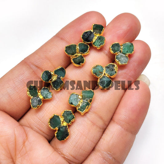 Natural Raw Emerald Three Stud Earrings, May Birthstone