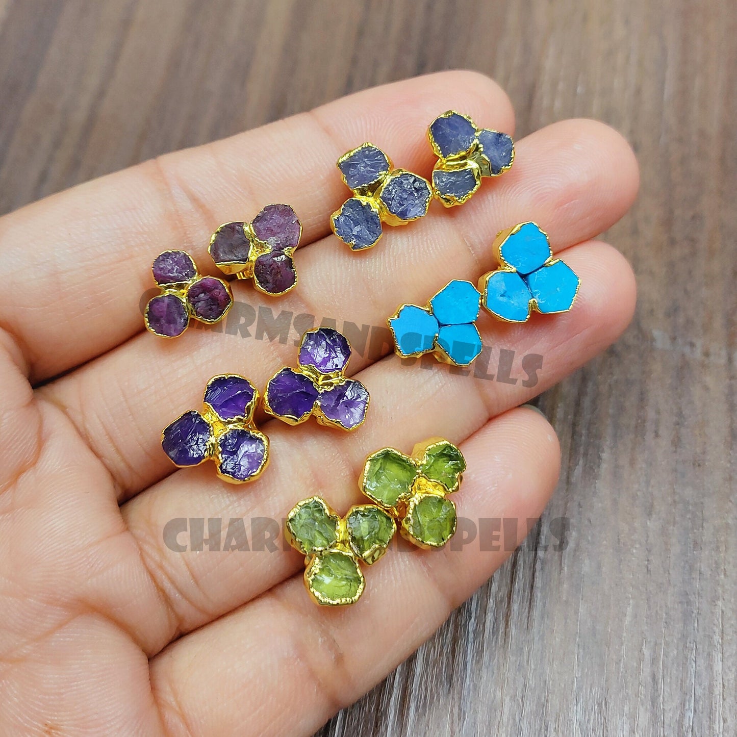 Natural Raw Emerald Three Stud Earrings, May Birthstone