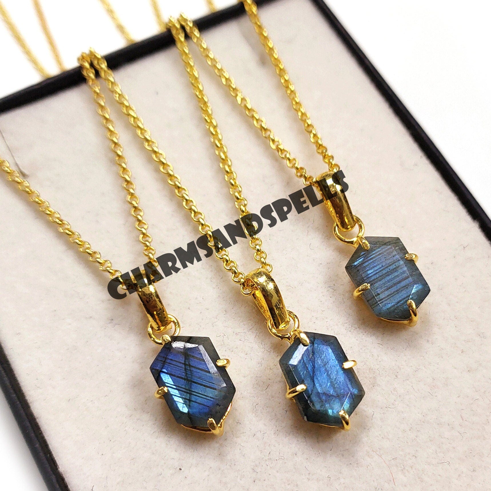 Natural Labradorite Hexagon Necklace