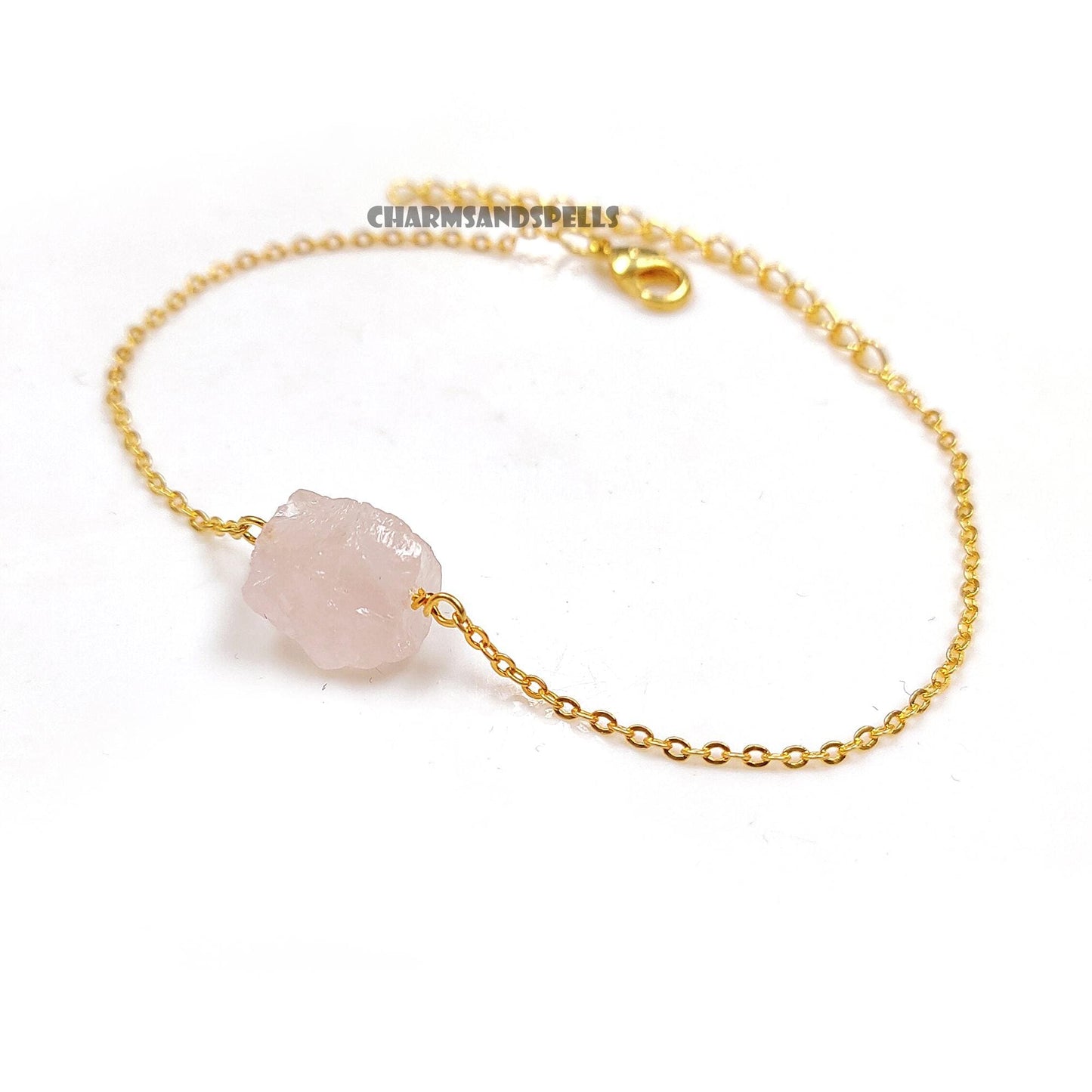 Raw Rose Quartz Bracelet, Gold Plated Crystal Jewelry, Natural Rough Stone Bracelet, Gift for Her