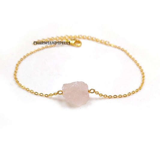 Raw Rose Quartz Bracelet, Gold Plated Crystal Jewelry, Natural Rough Stone Bracelet, Gift for Her