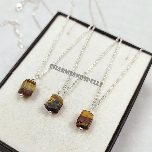Raw Tiger's Eye Crystal Pendant Necklace in Sterling Silver
