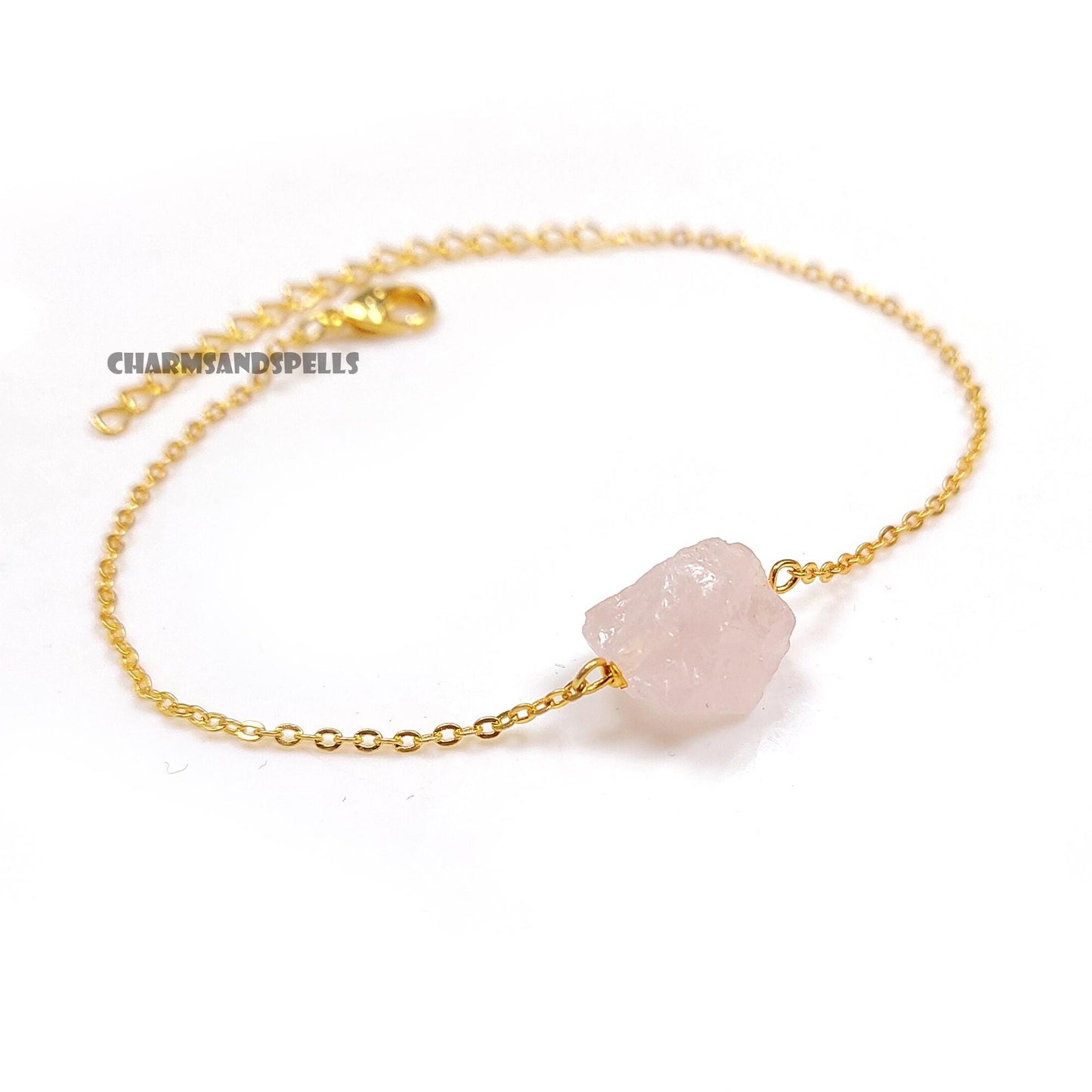 Raw Rose Quartz Bracelet, Gold Plated Crystal Jewelry, Natural Rough Stone Bracelet, Gift for Her
