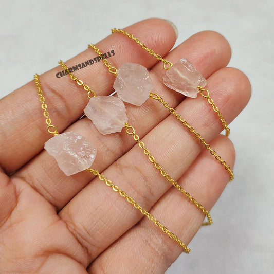 Raw Rose Quartz Bracelet, Gold Plated Crystal Jewelry, Natural Rough Stone Bracelet, Gift for Her