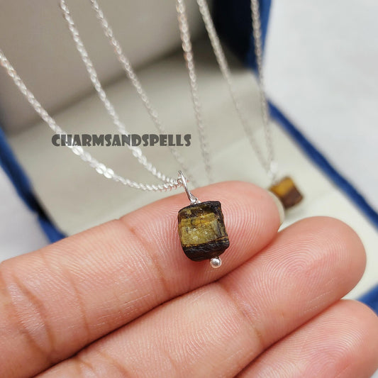 Raw Tiger's Eye Crystal Pendant Necklace in Sterling Silver