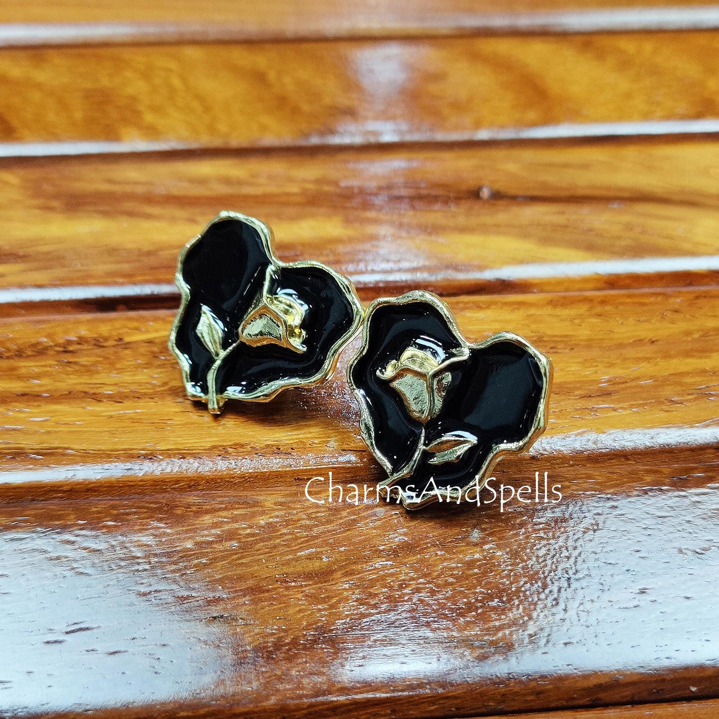 Black Enamel Rose Earrings Gold Plated, Gothic Vintage Floral Studs, Handmade Gift