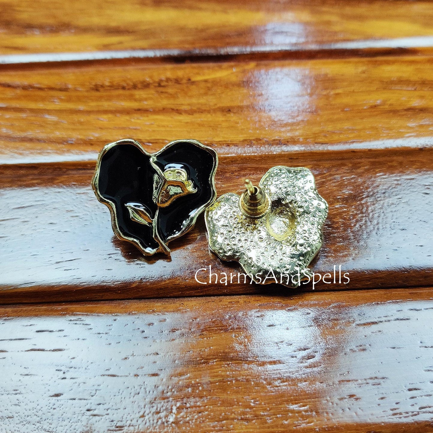 Black Enamel Rose Earrings Gold Plated, Gothic Vintage Floral Studs, Handmade Gift