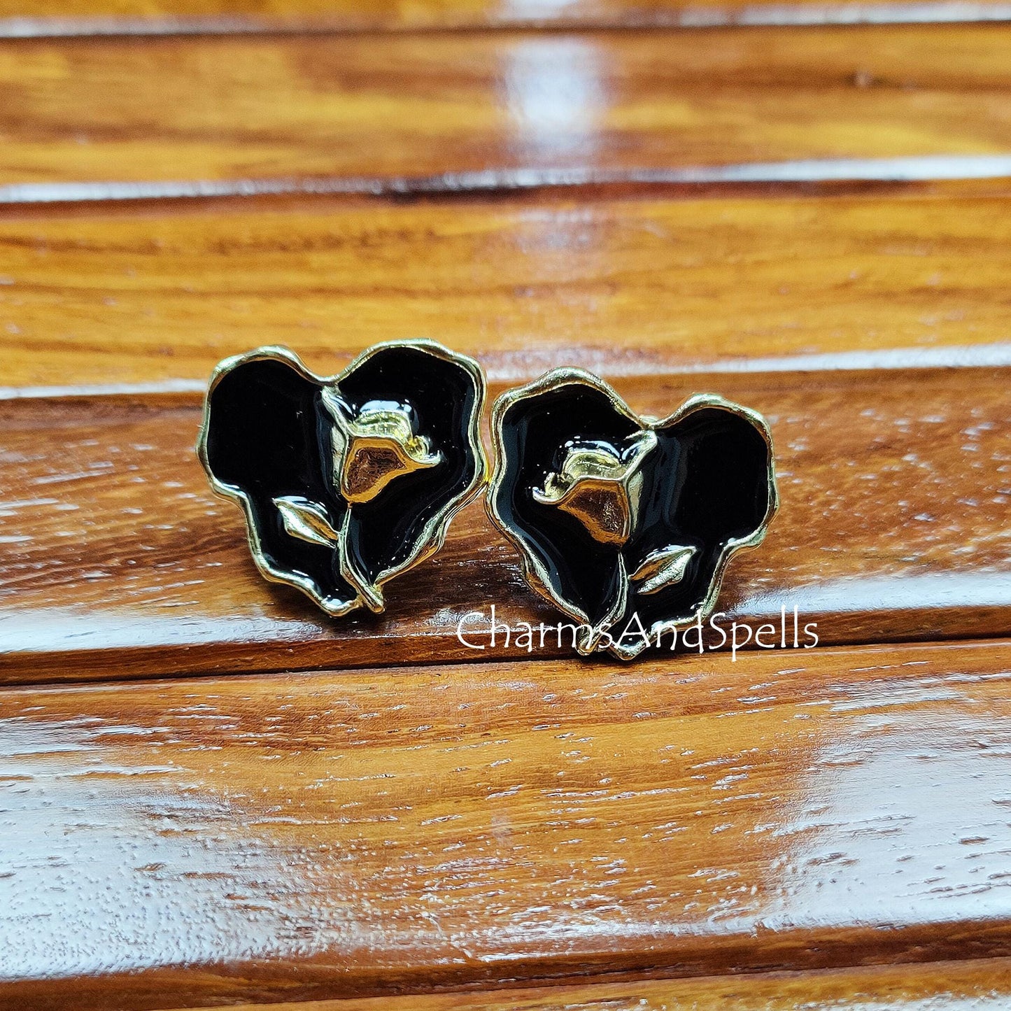 Black Enamel Rose Earrings Gold Plated, Gothic Vintage Floral Studs, Handmade Gift