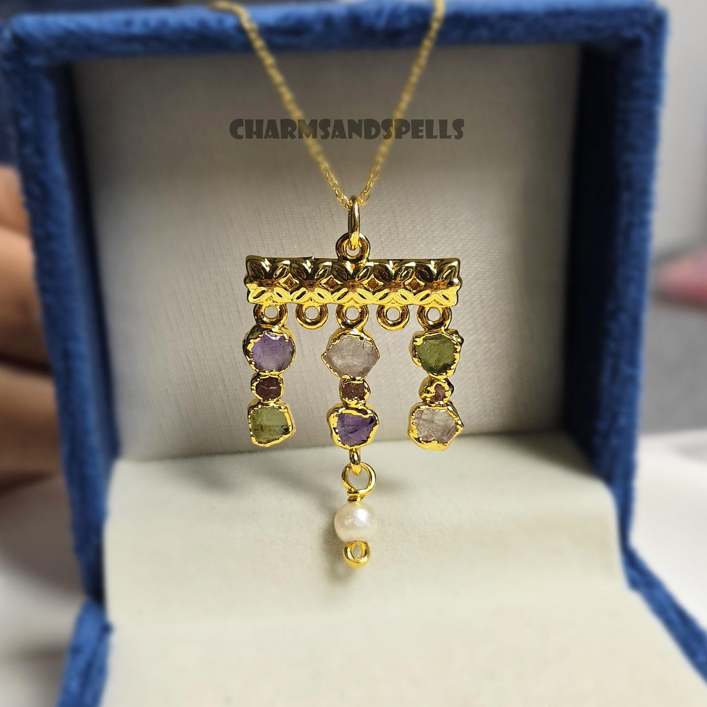 Whispers of Spring Multi Gemstone Necklace| Victorian Style Raw Amethyst, Garnet, Peridot, Crystal Pendan