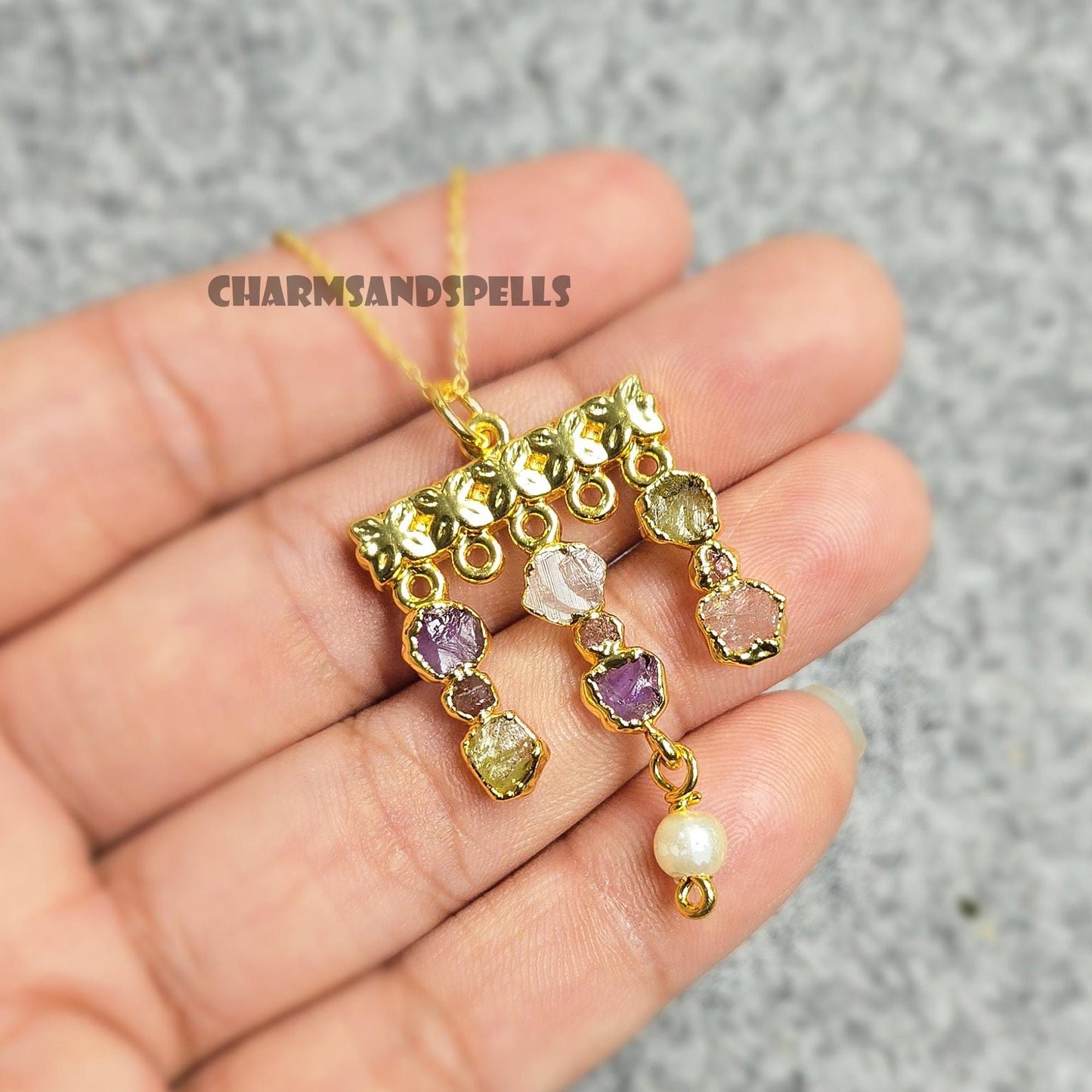 Whispers of Spring Multi Gemstone Necklace| Victorian Style Raw Amethyst, Garnet, Peridot, Crystal Pendan
