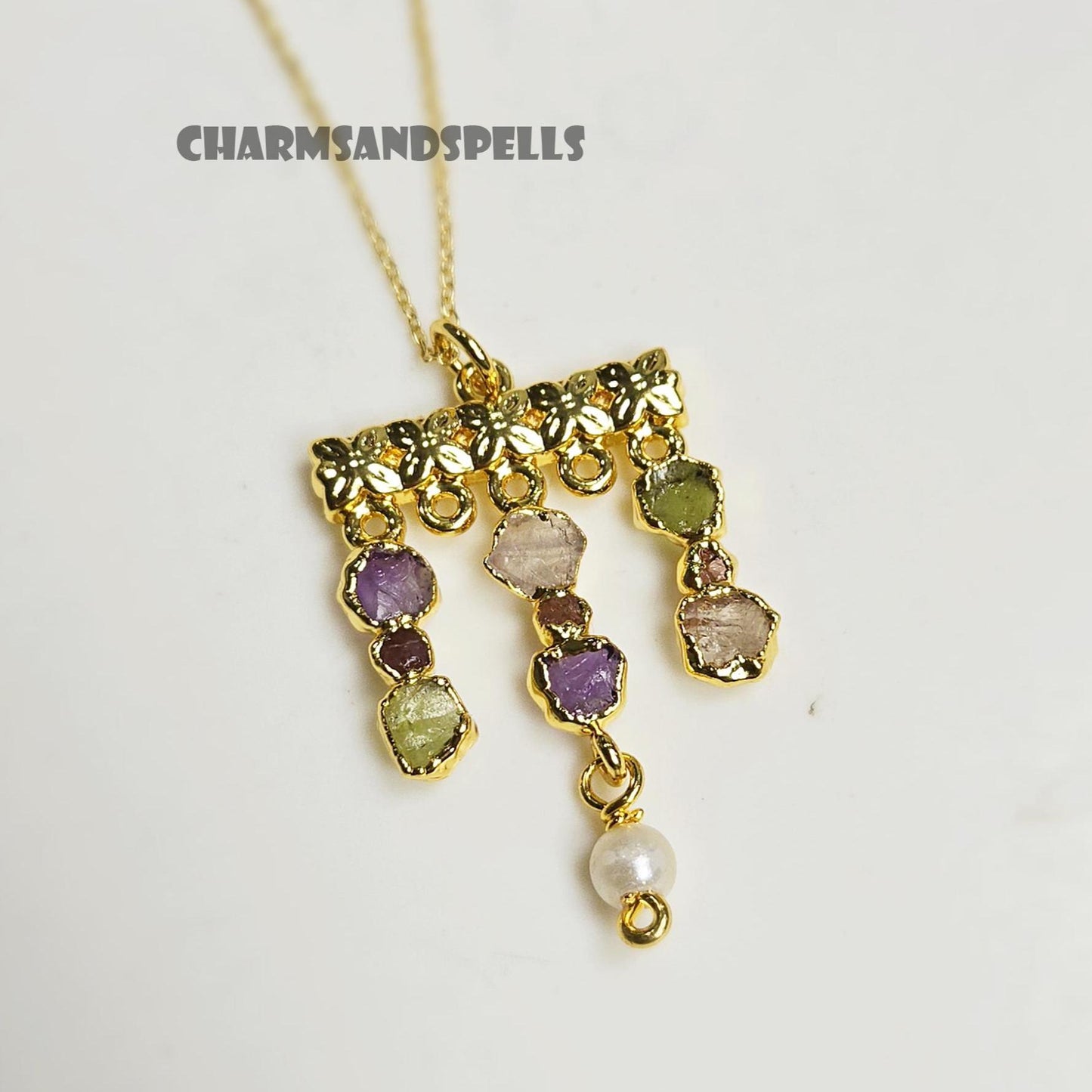 Whispers of Spring Multi Gemstone Necklace| Victorian Style Raw Amethyst, Garnet, Peridot, Crystal Pendan