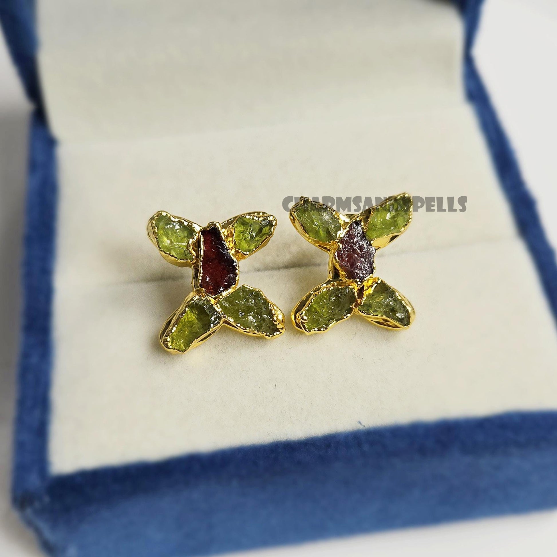 Heaven's Butterfly Peridot Garnet Stud