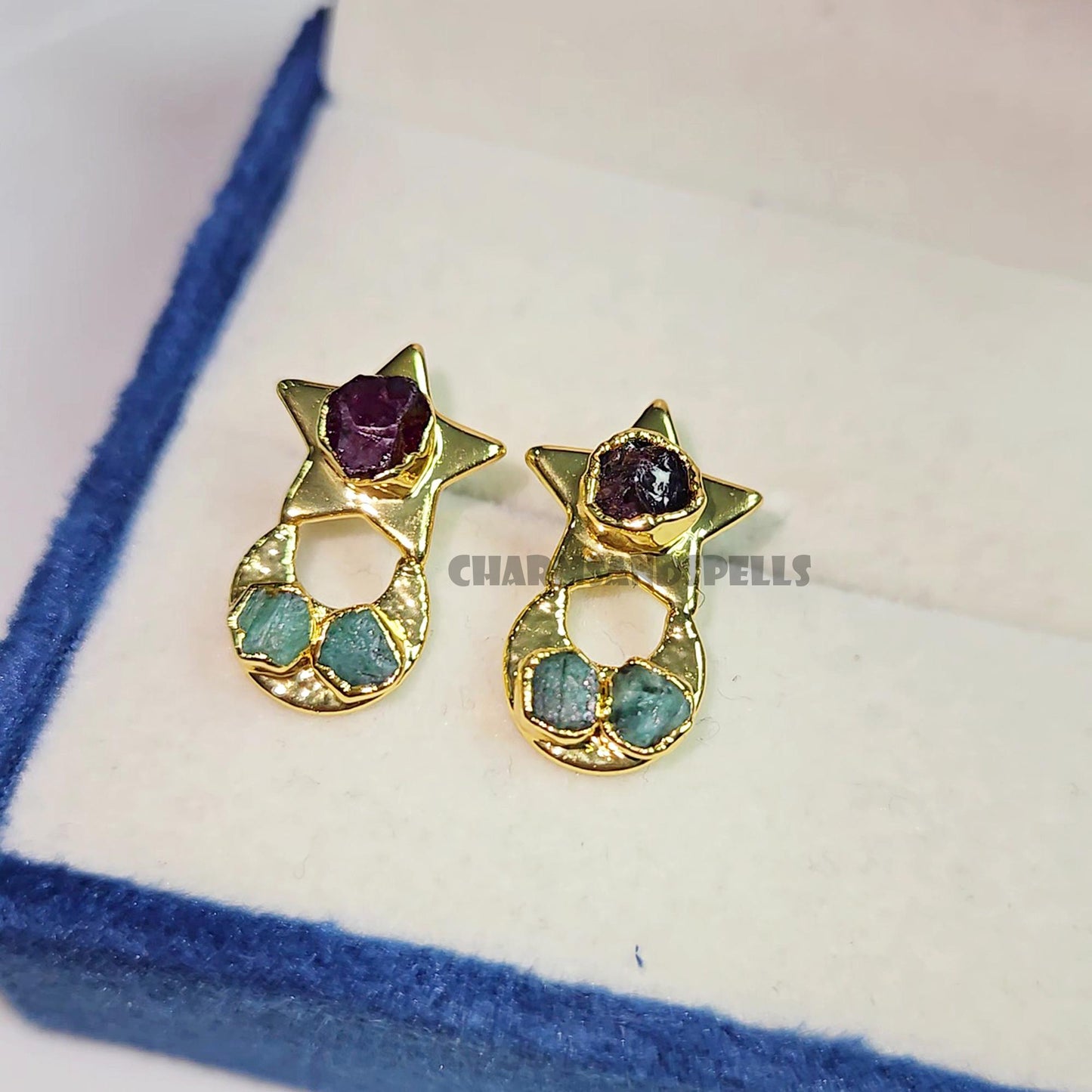 Celestial Alchemy Raw Stone Earrings| Emerald & Garnet Studs| Moon Star Healing Jewelry