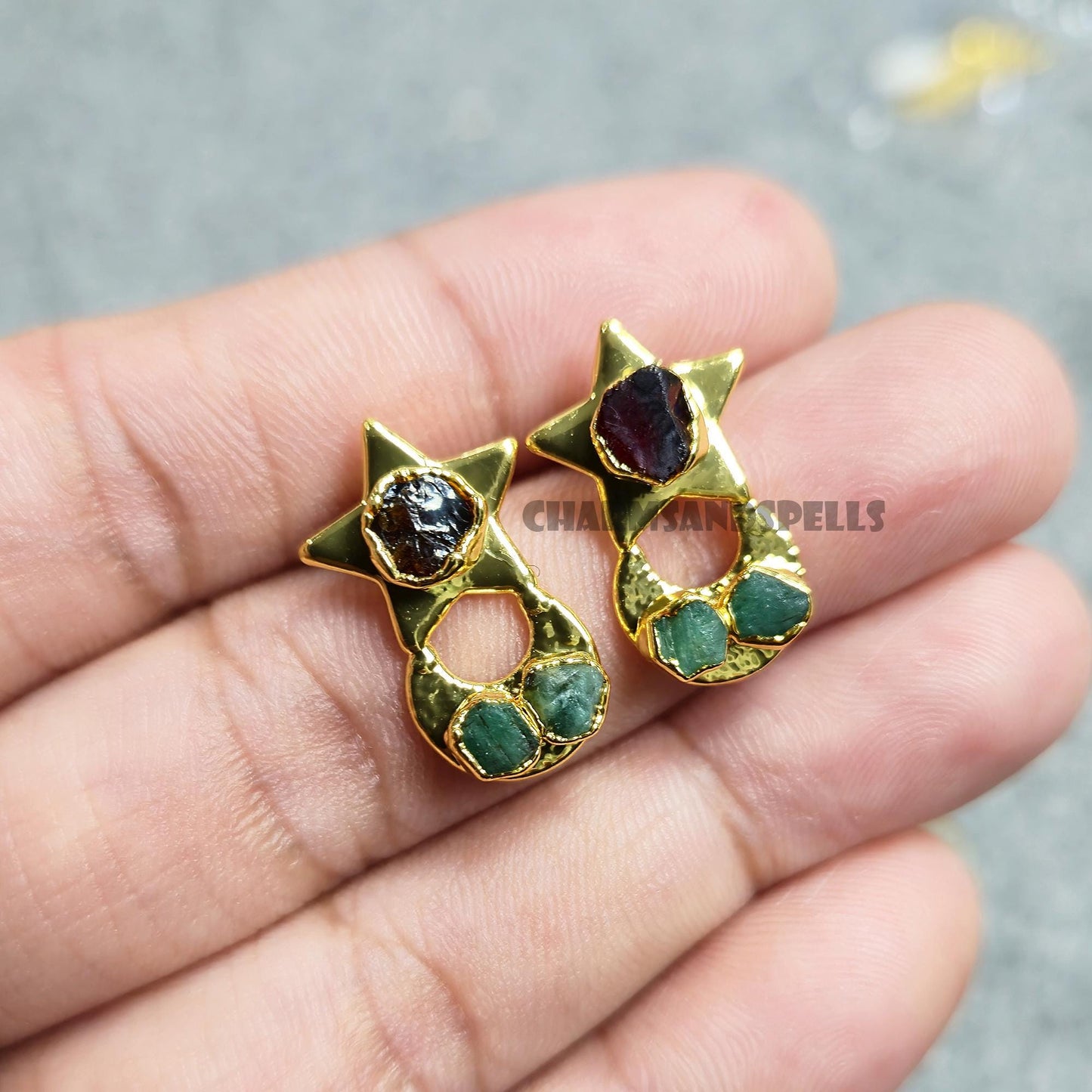 Celestial Alchemy Raw Stone Earrings| Emerald & Garnet Studs| Moon Star Healing Jewelry