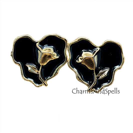 Black Enamel Rose Earrings Gold Plated, Gothic Vintage Floral Studs, Handmade Gift
