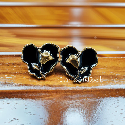 Black Enamel Rose Earrings Gold Plated, Gothic Vintage Floral Studs, Handmade Gift