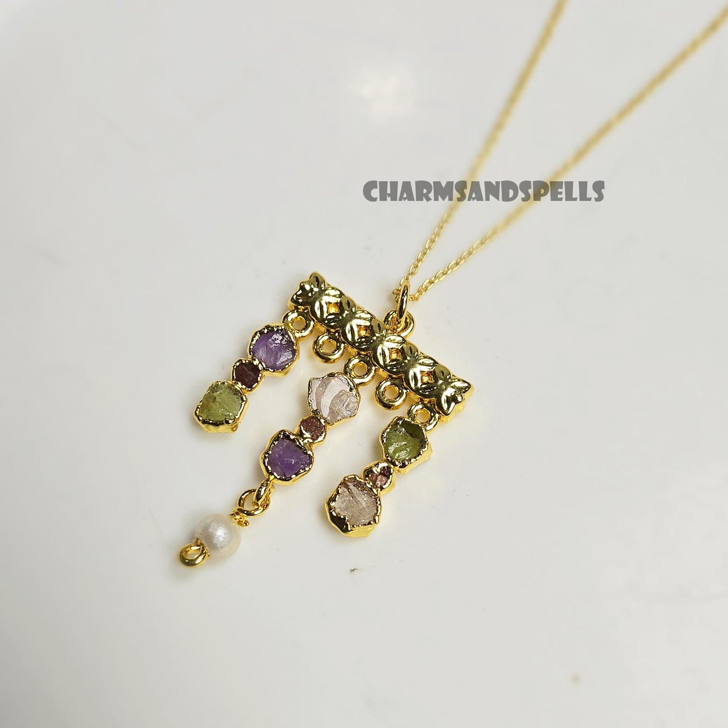 Whispers of Spring Multi Gemstone Necklace| Victorian Style Raw Amethyst, Garnet, Peridot, Crystal Pendan