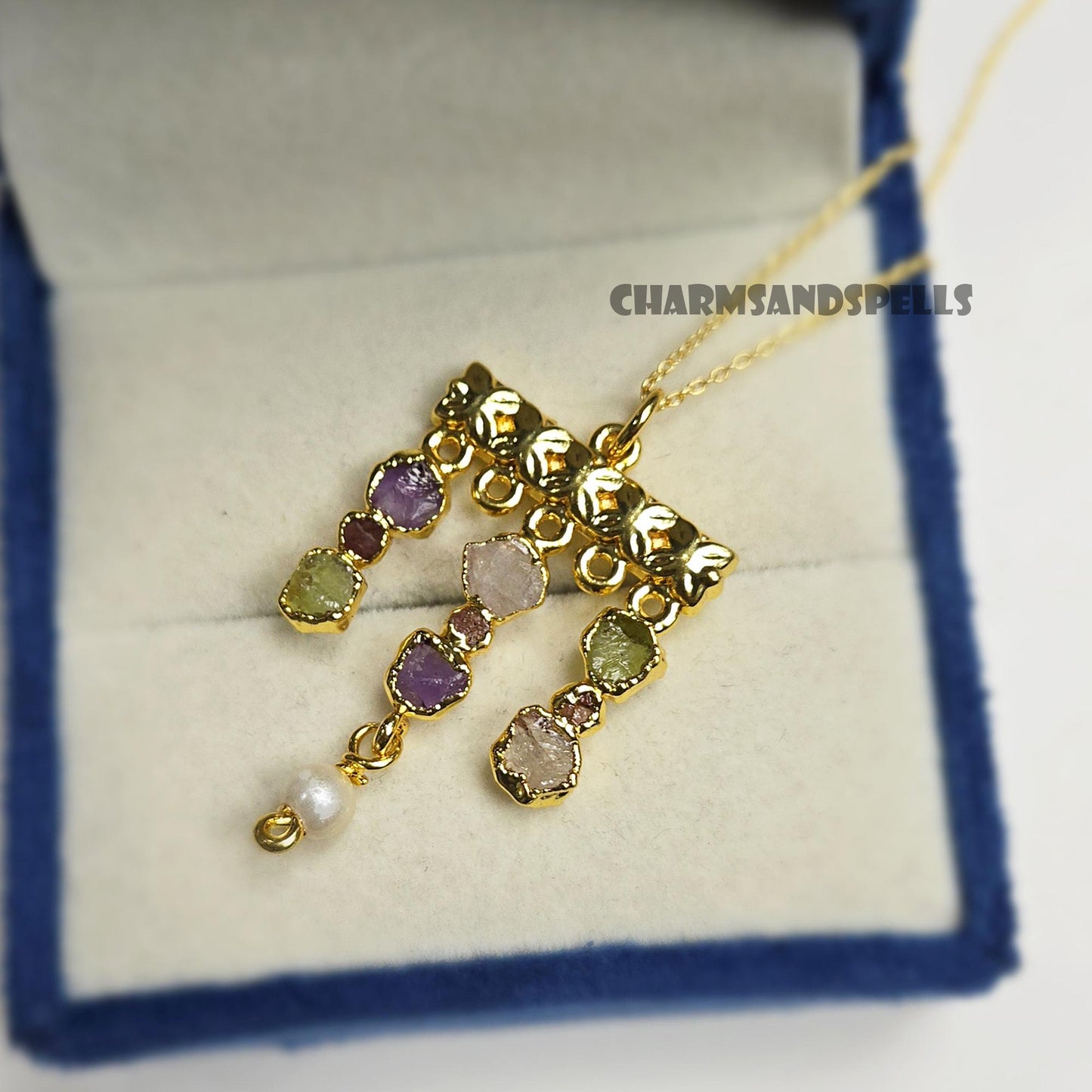Whispers of Spring Multi Gemstone Necklace| Victorian Style Raw Amethyst, Garnet, Peridot, Crystal Pendan